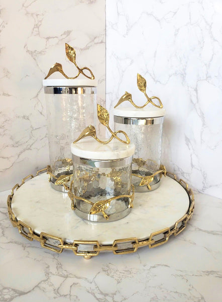 Glass Canister w/Leaf Design and Marble Lid (Size Options)
