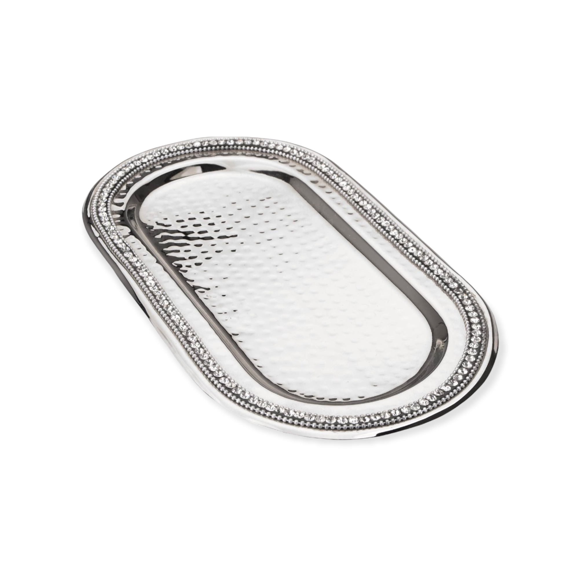 Hammered Stainless Steel Oval Tray w/Diamonds - 11